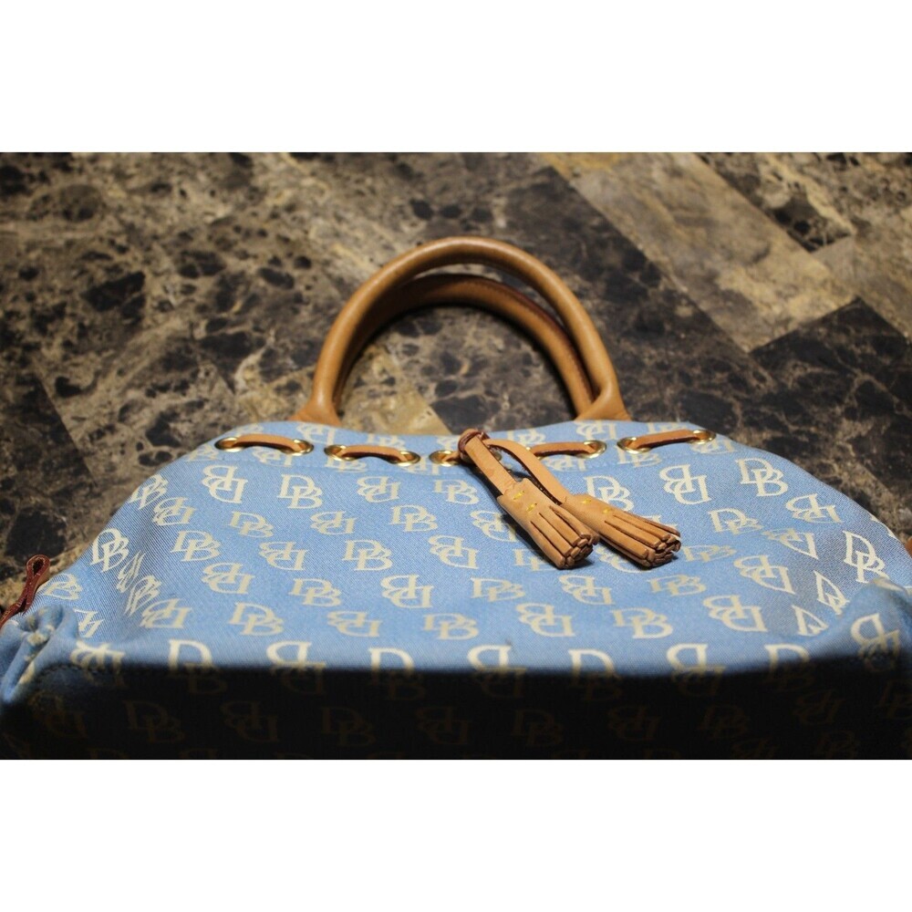 Dooney Bourke Blue Canvas Signature /Brown Leather Trim Satchel handbag
